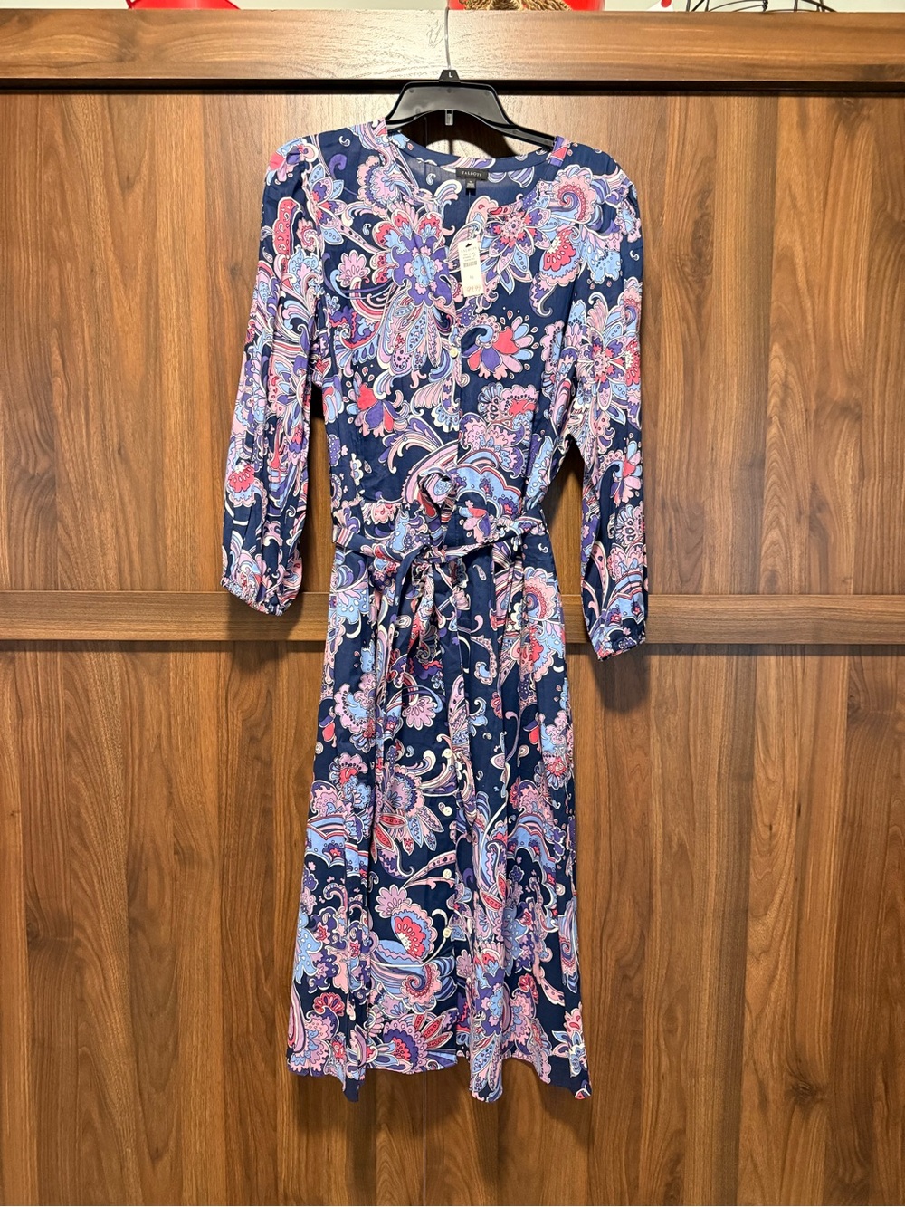 NWT Talbots Navy Paisley Long-Sleeve Tie-Waist Midi Dress, Size 16